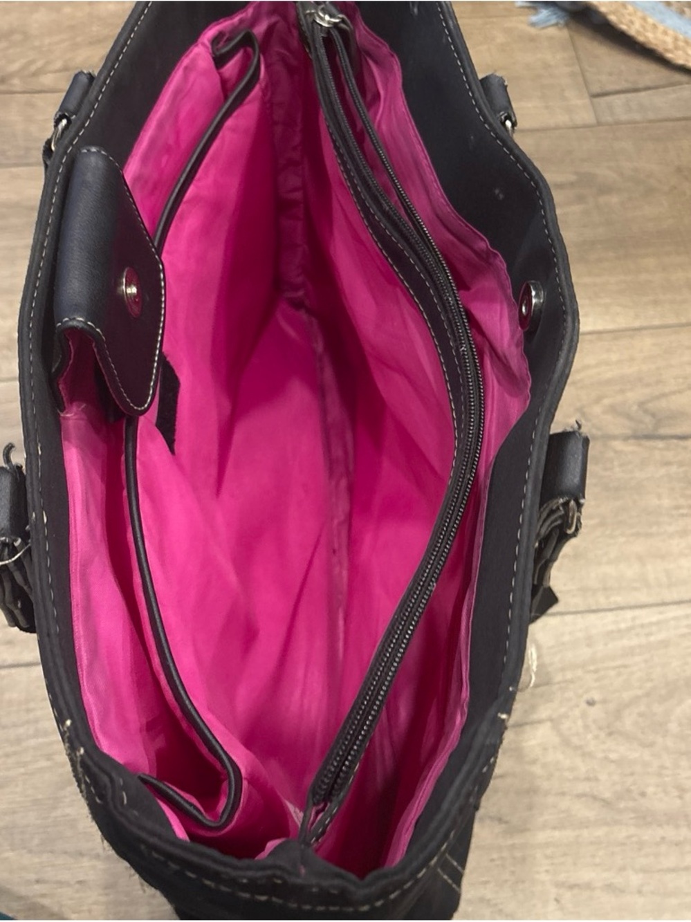 Women's Black Tote with Bright Pink Lining